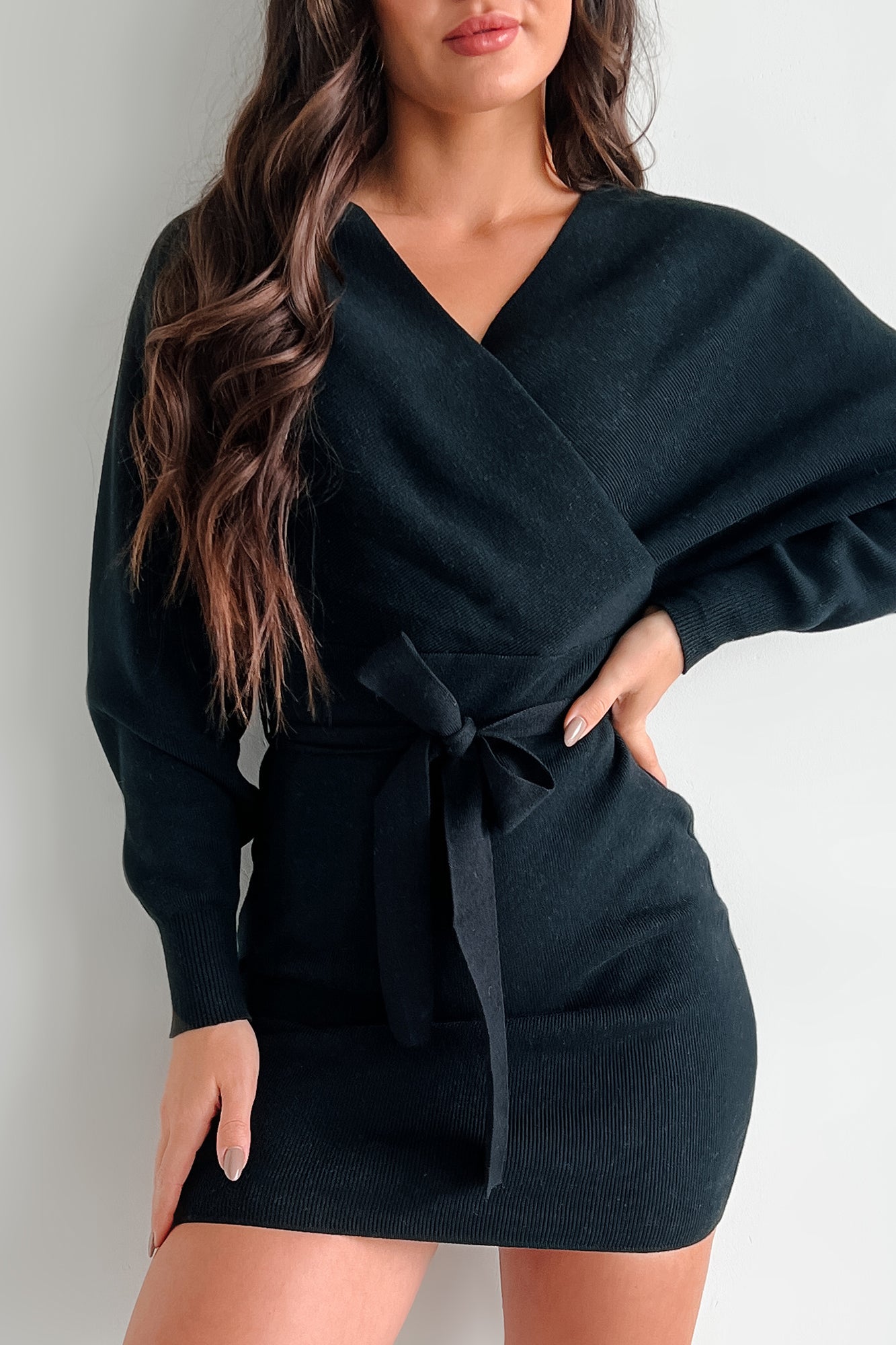 Made Up My Mind Belted Surplice Sweater Dress (Black) - NanaMacs