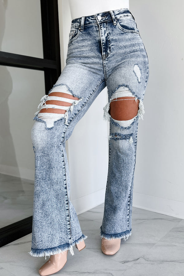 Evangeline High Rise Distressed Risen Flare Jeans (Medium Acid) - NanaMacs