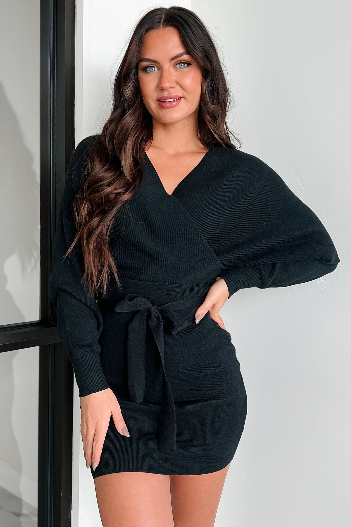 Made Up My Mind Belted Surplice Sweater Dress (Black) - NanaMacs