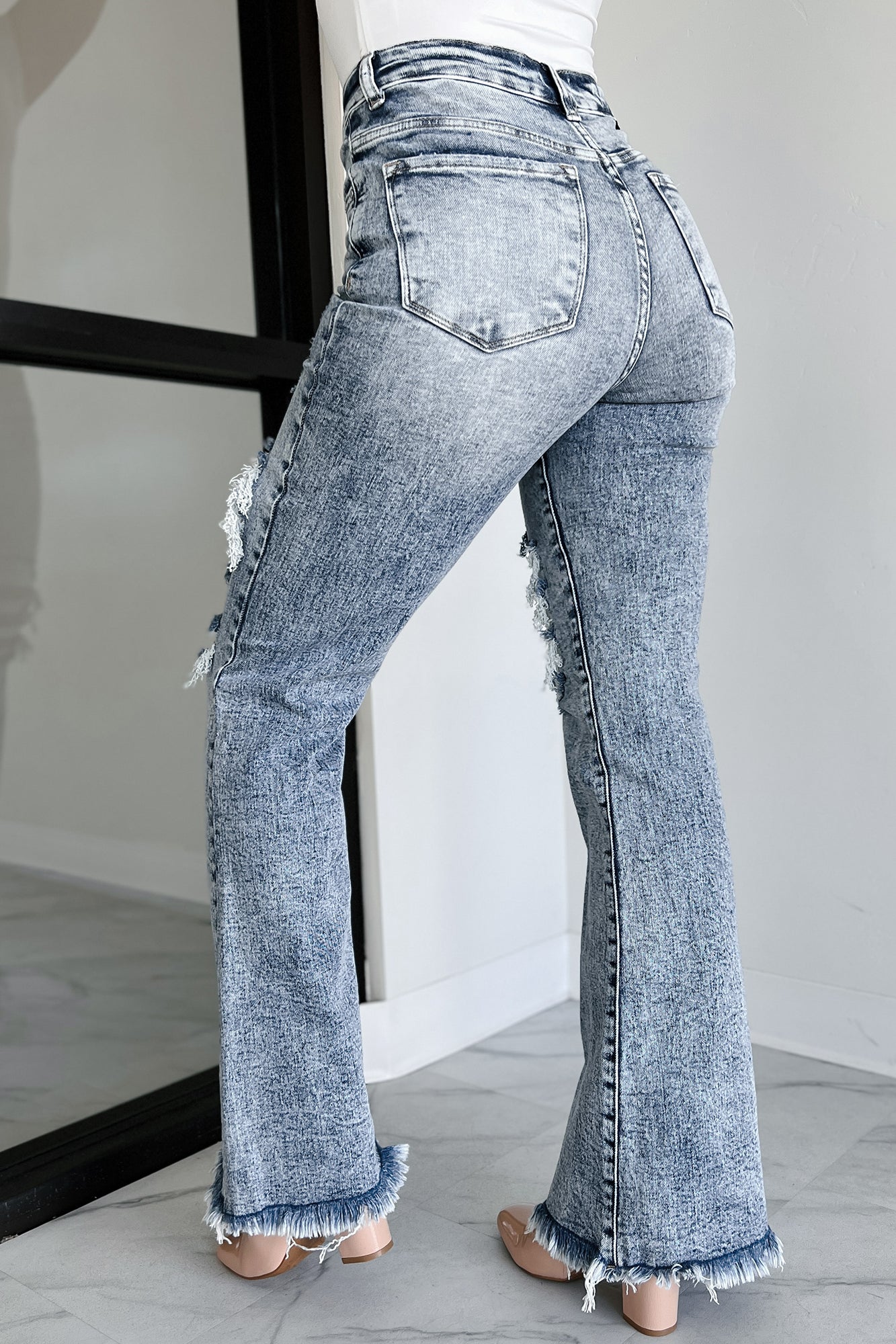 Evangeline High Rise Distressed Risen Flare Jeans (Medium Acid) - NanaMacs