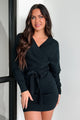 Made Up My Mind Belted Surplice Sweater Dress (Black) - NanaMacs