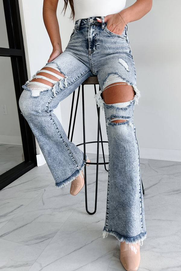 Evangeline High Rise Distressed Risen Flare Jeans (Medium Acid) - NanaMacs