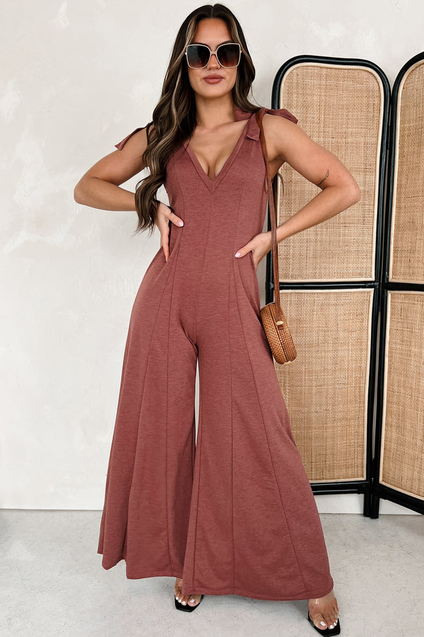 Iconic Comfort Shoulder Tie Wide Leg Jumpsuit (Marsala) - NanaMacs