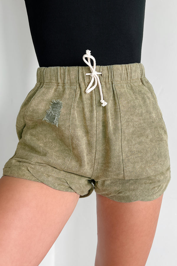 Zyair Distressed Twisted Hem Shorts (Olive) - NanaMacs