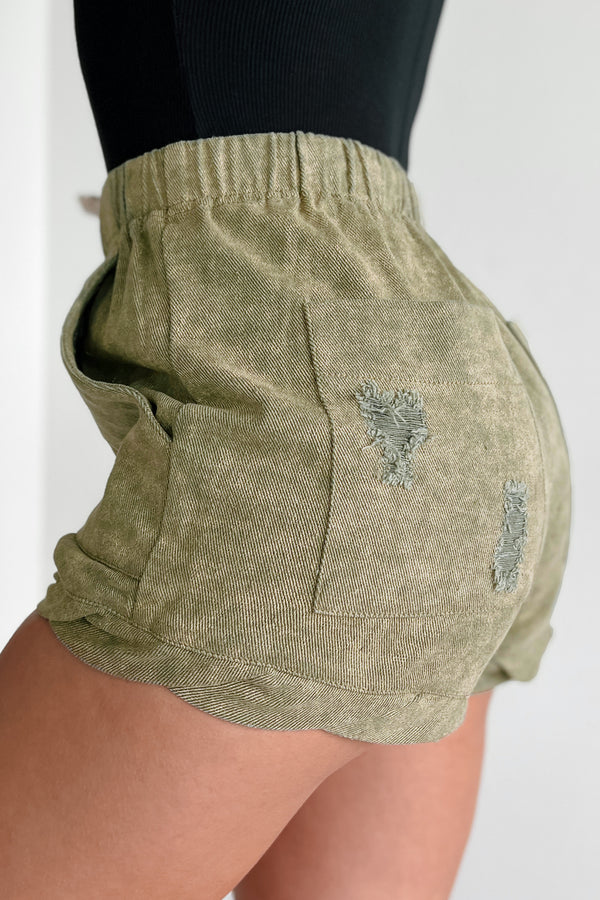 Zyair Distressed Twisted Hem Shorts (Olive) - NanaMacs