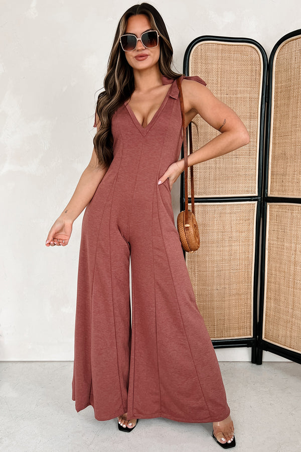 Iconic Comfort Shoulder Tie Wide Leg Jumpsuit (Marsala) - NanaMacs