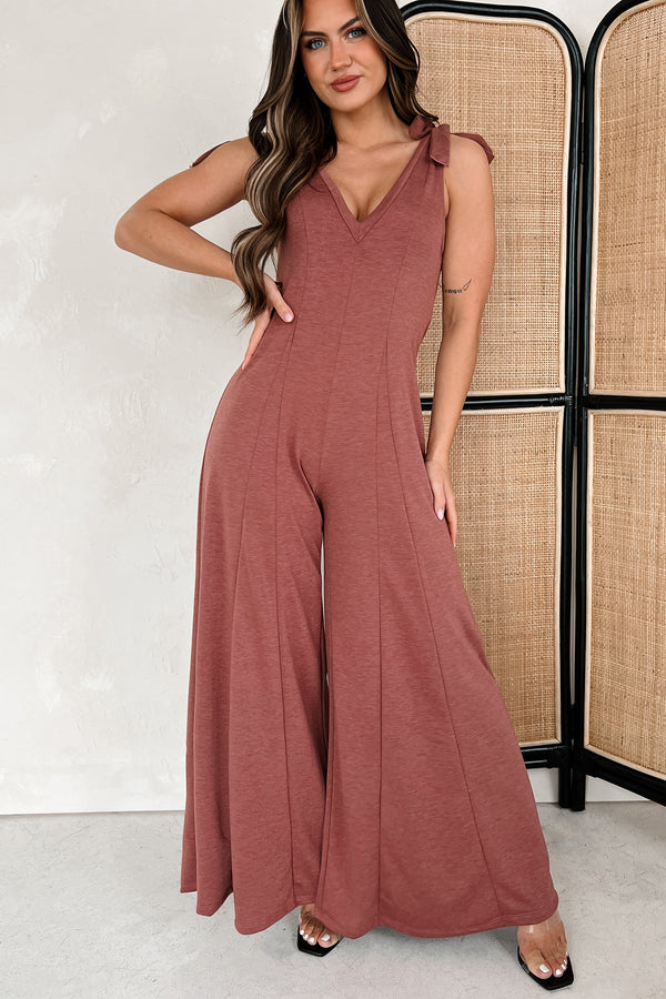 Iconic Comfort Shoulder Tie Wide Leg Jumpsuit (Marsala) - NanaMacs