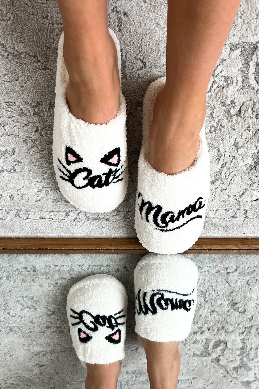 "Cat Mama" Fuzzy Slippers (White) - NanaMacs