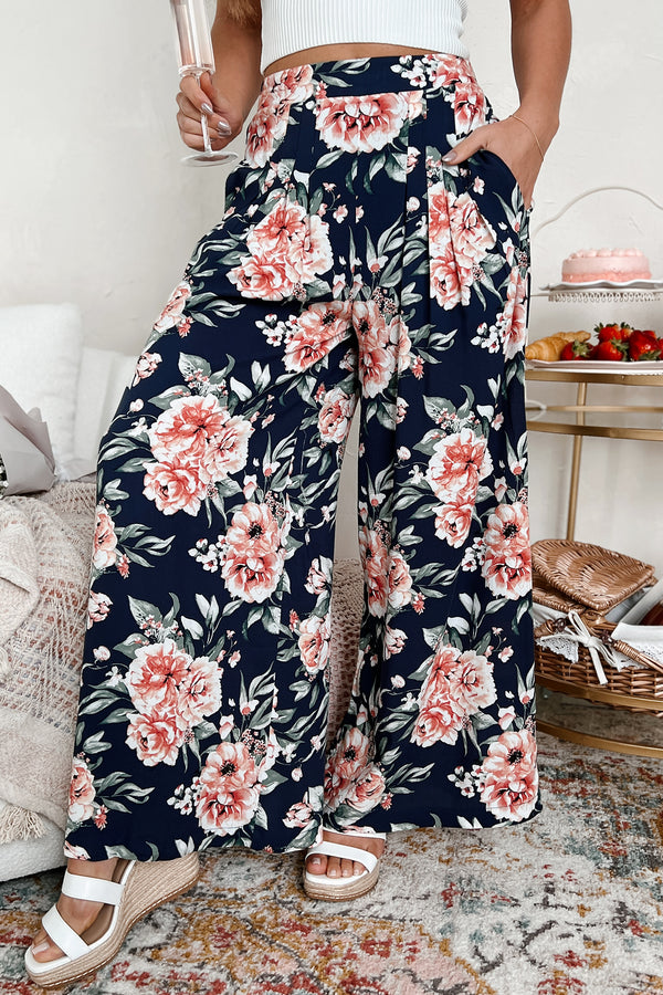 Dropping The Games Floral Wide Leg Pants (Navy) - NanaMacs