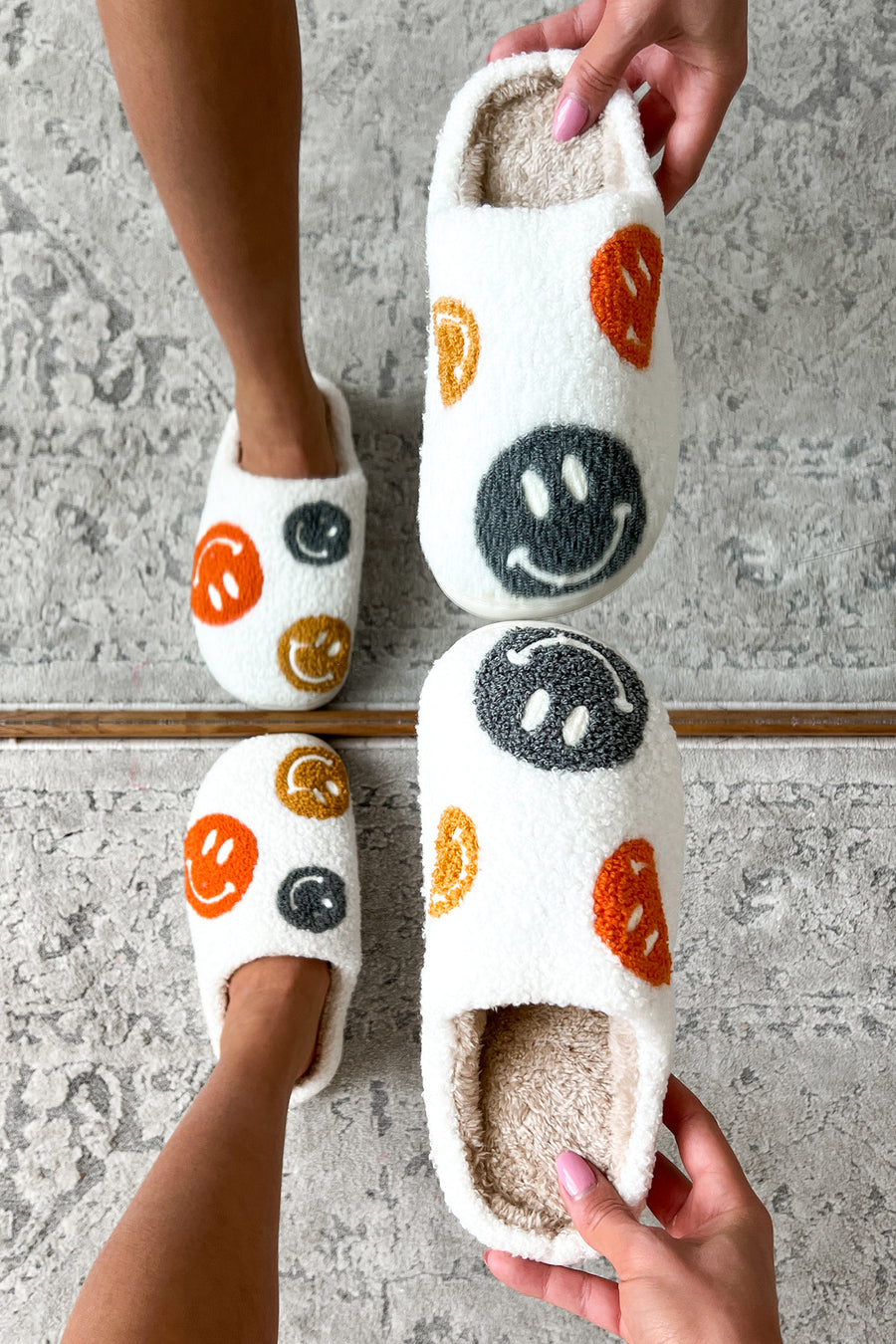 Lazy Day Essential Happy Face Slippers (White/Multi) - NanaMacs