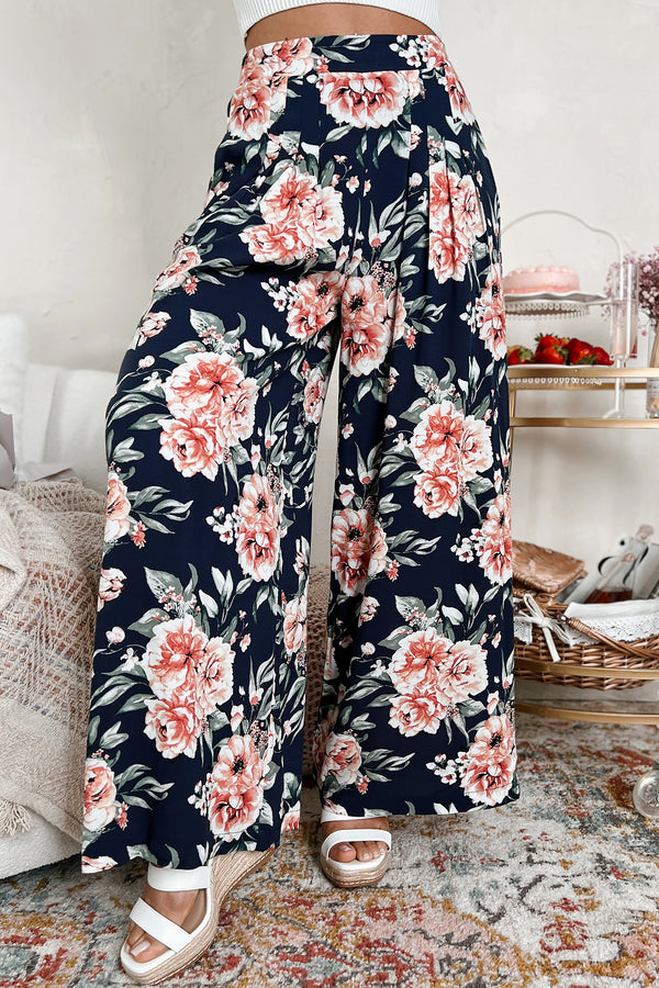 Dropping The Games Floral Wide Leg Pants (Navy) - NanaMacs