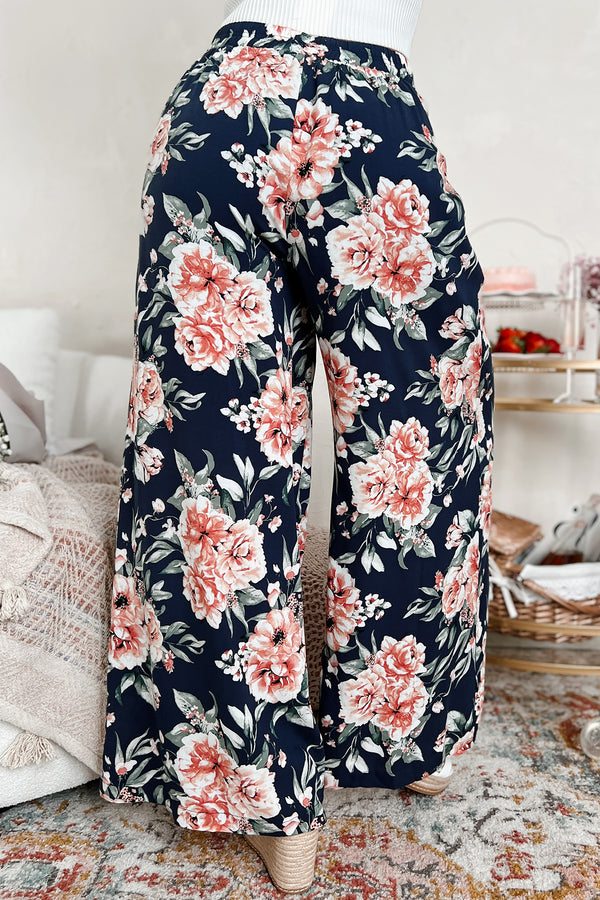 Dropping The Games Floral Wide Leg Pants (Navy) - NanaMacs