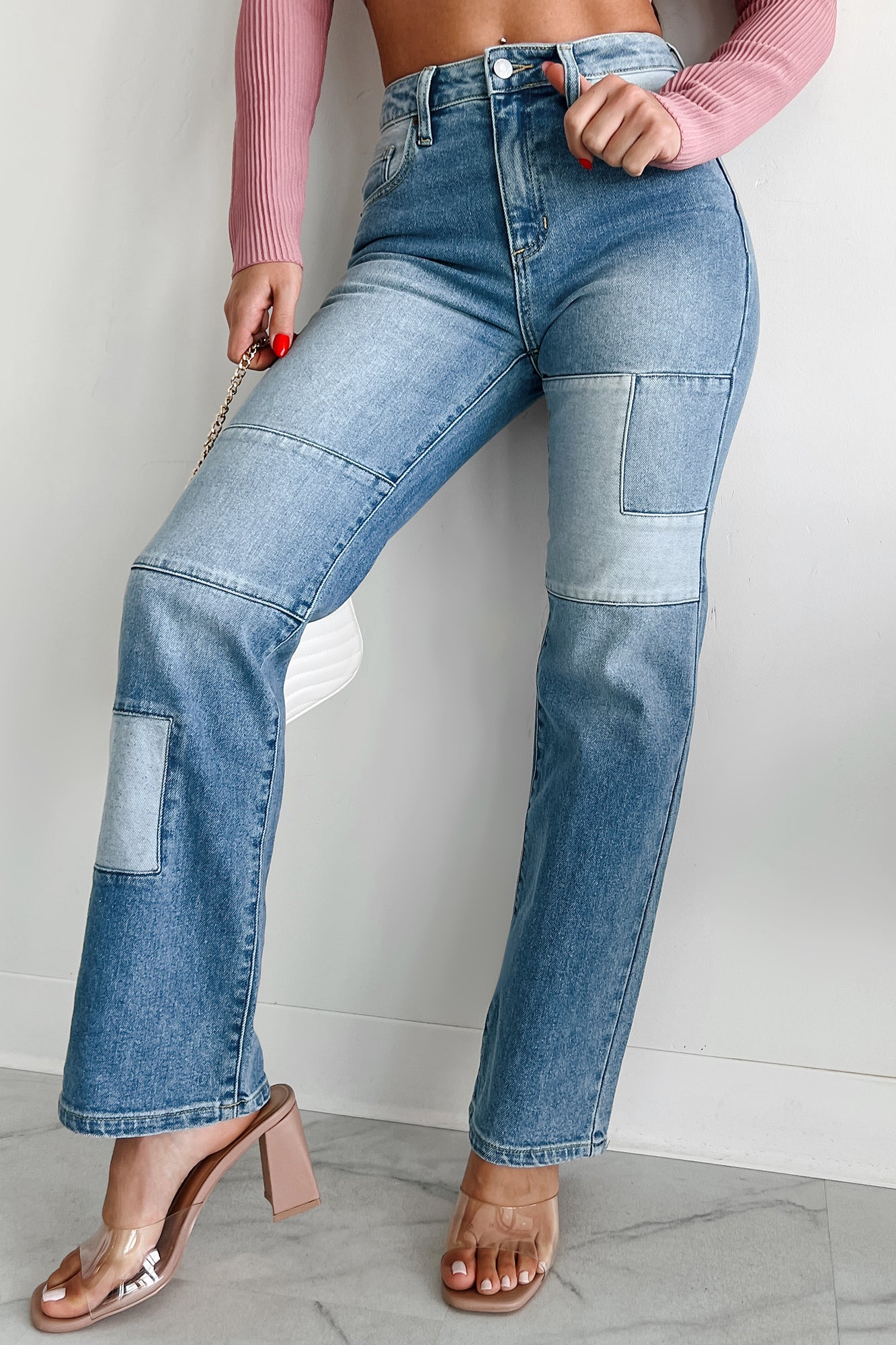 Cyprus Straight Leg Patchwork Sneak Peek Jeans (Light Vintage