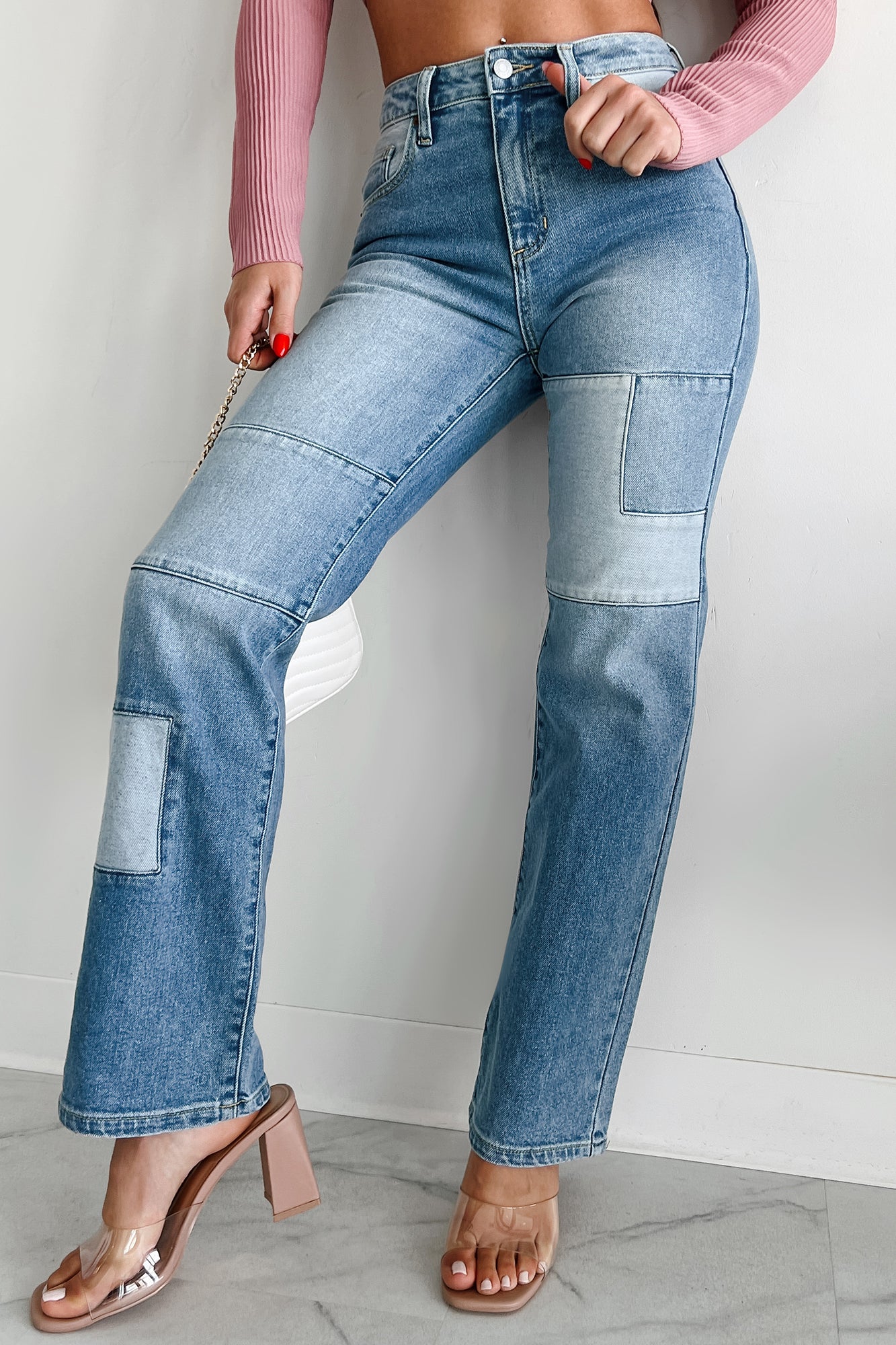 Cyprus Straight Leg Patchwork Sneak Peek Jeans (Light Vintage) - NanaMacs