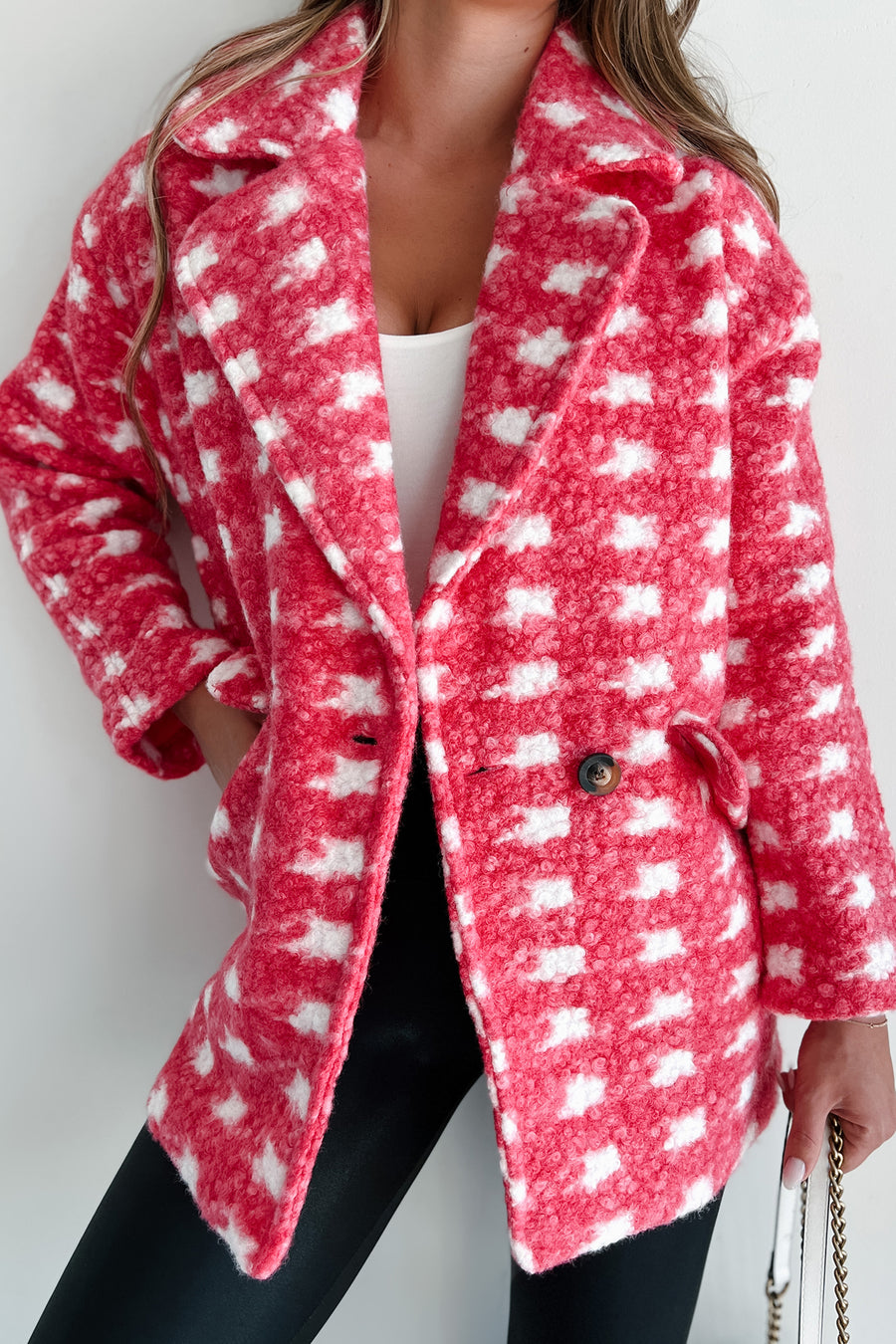 Stay The Course Checkered Print Boucle Fleece Coat (Fuchsia) - NanaMacs