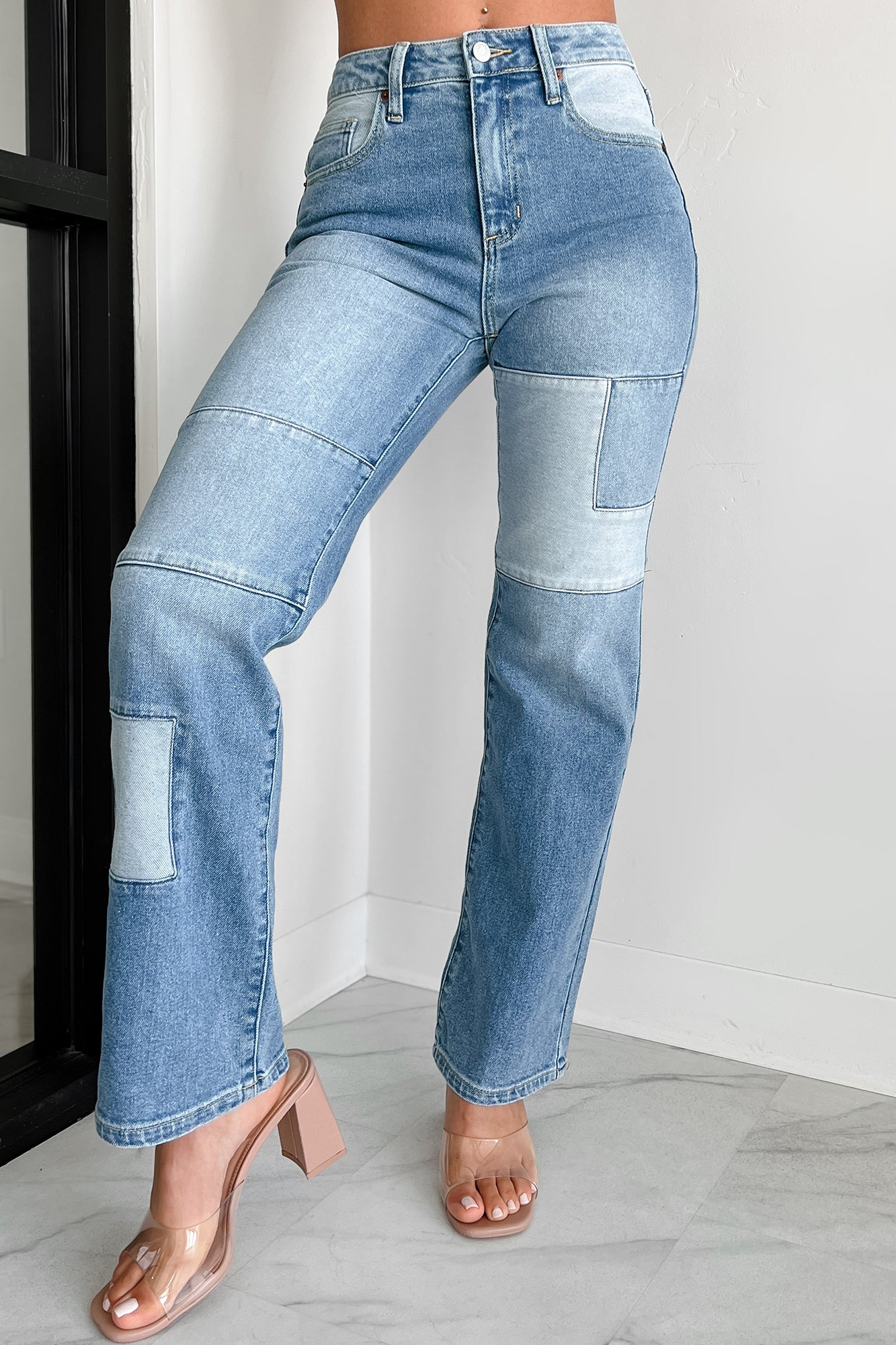 Cyprus Straight Leg Patchwork Sneak Peek Jeans (Light Vintage