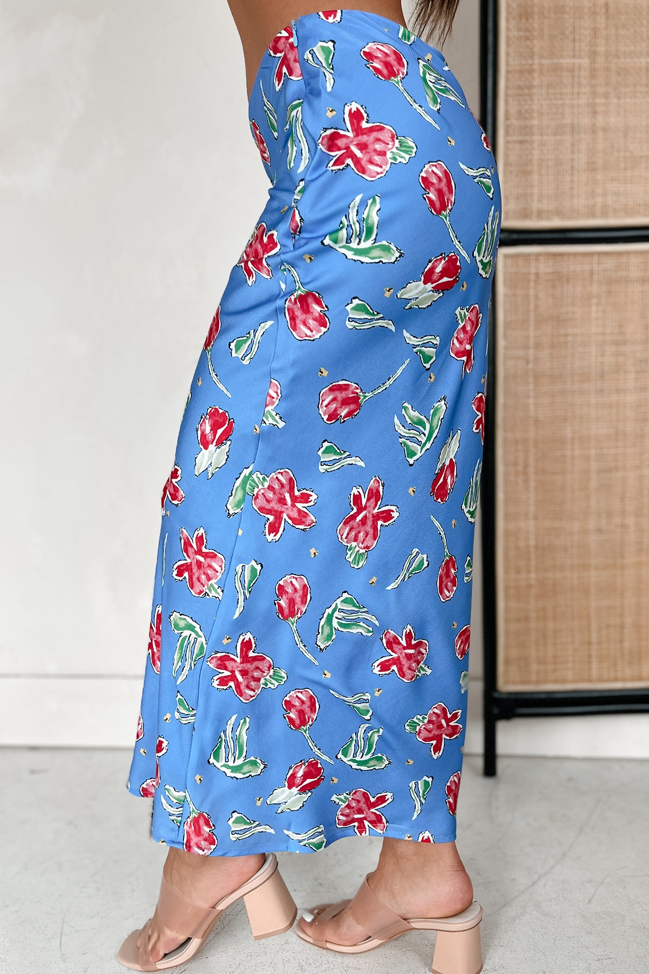 Feeling Flowerful Satin Floral Midi Skirt (Blue) - NanaMacs