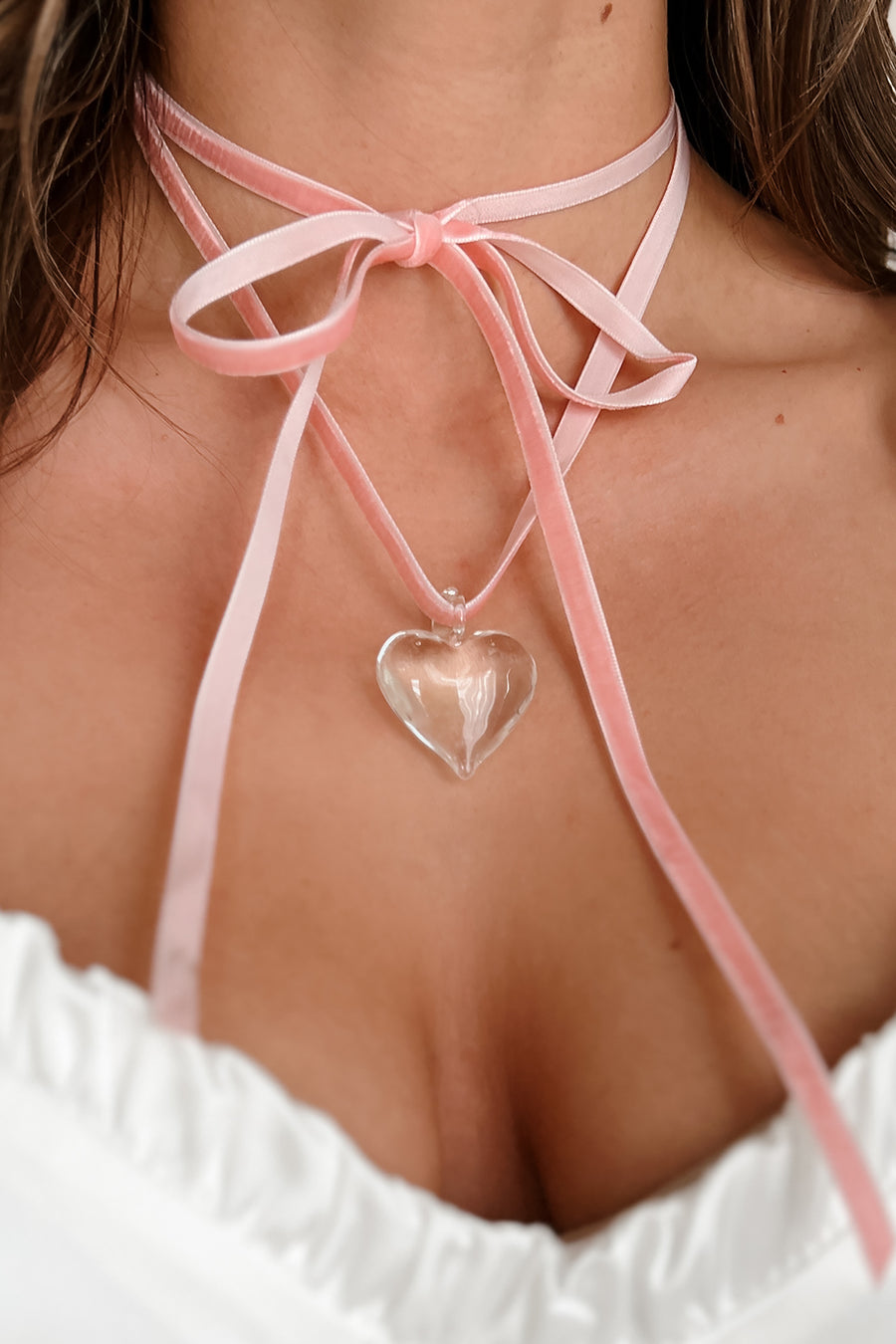 Everything Precious Glass Heart Velvet Bow Choker Necklace (Pink) - NanaMacs