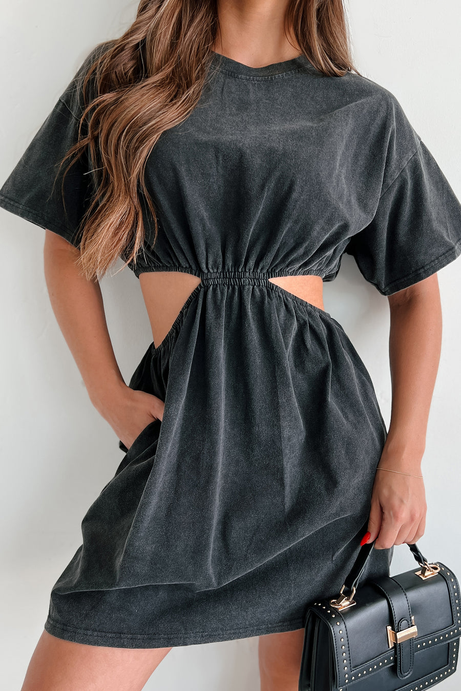 Smooth Moves Vintage Wash Cut-Out T-Shirt Dress (Black) - NanaMacs