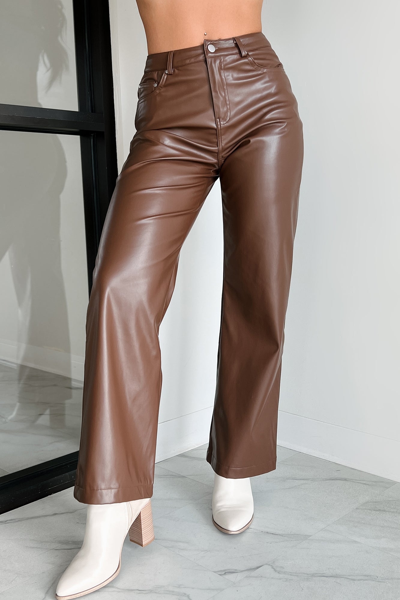 Switching Looks Straight Leg Pleather Pant (Brown) - NanaMacs