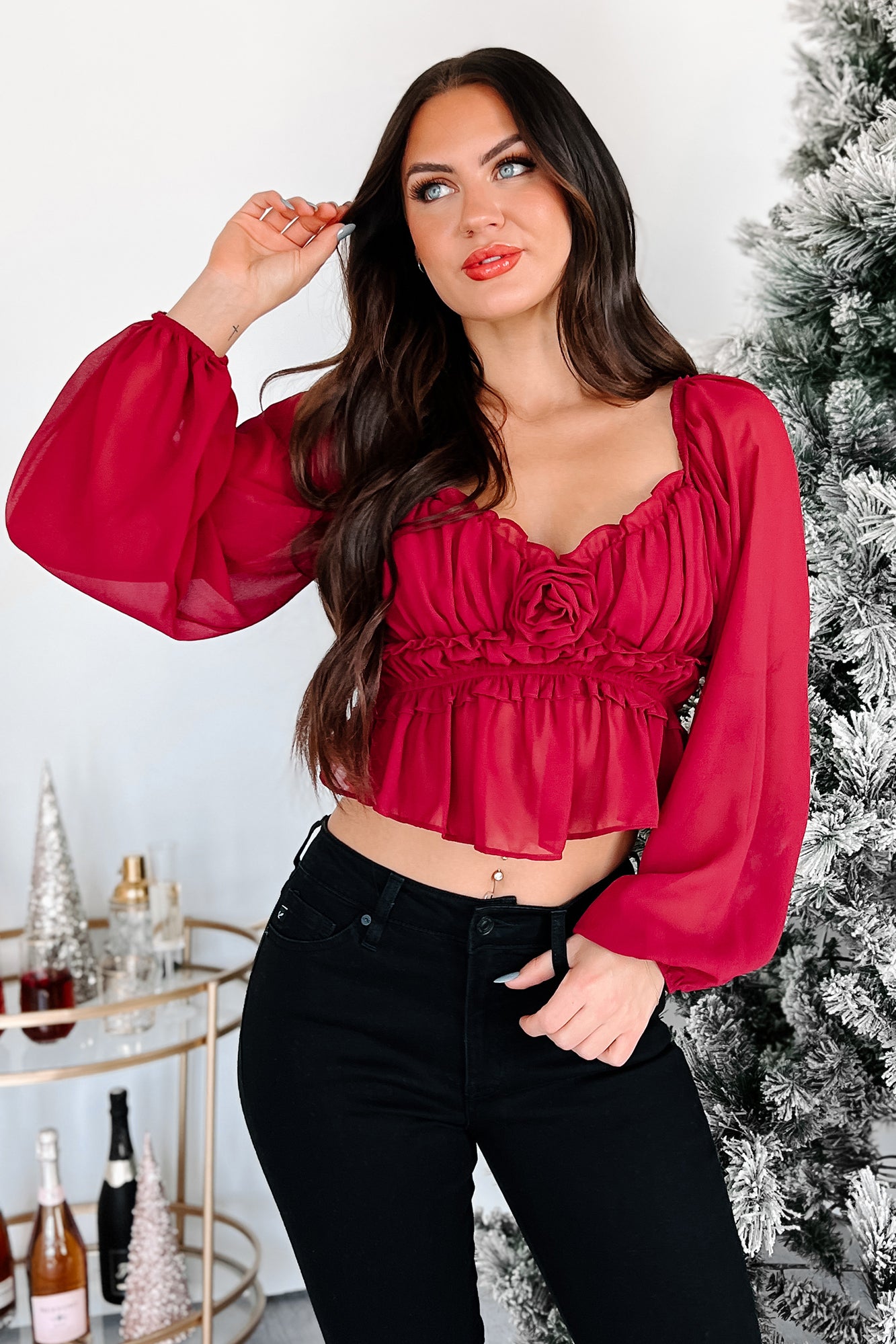 Feminine Feels Ruched Rosette Peasant Top (Dark Cherry) - NanaMacs