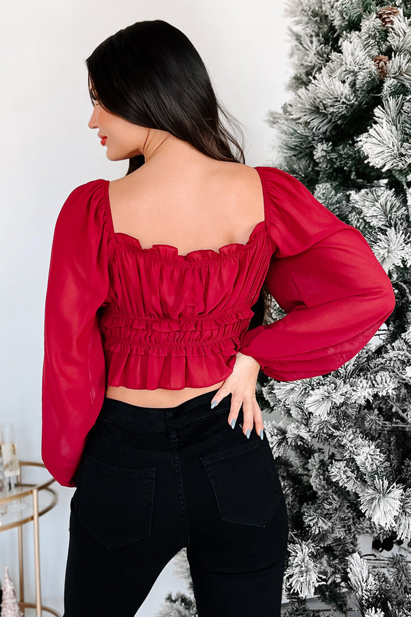 Feminine Feels Ruched Rosette Peasant Top (Dark Cherry) - NanaMacs