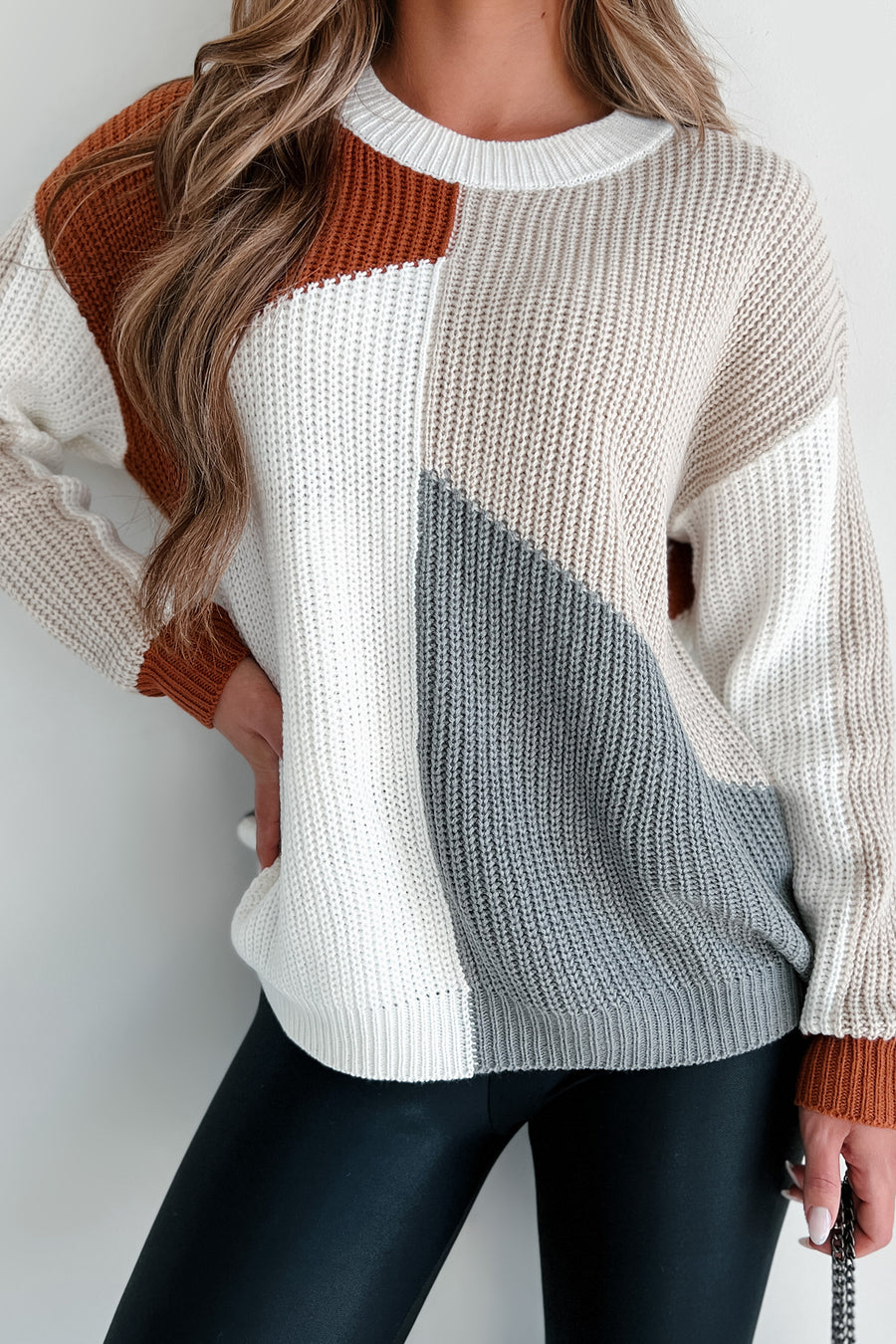 Ursa Oversized Colorblock Sweater (Rust/Taupe/Grey) - NanaMacs