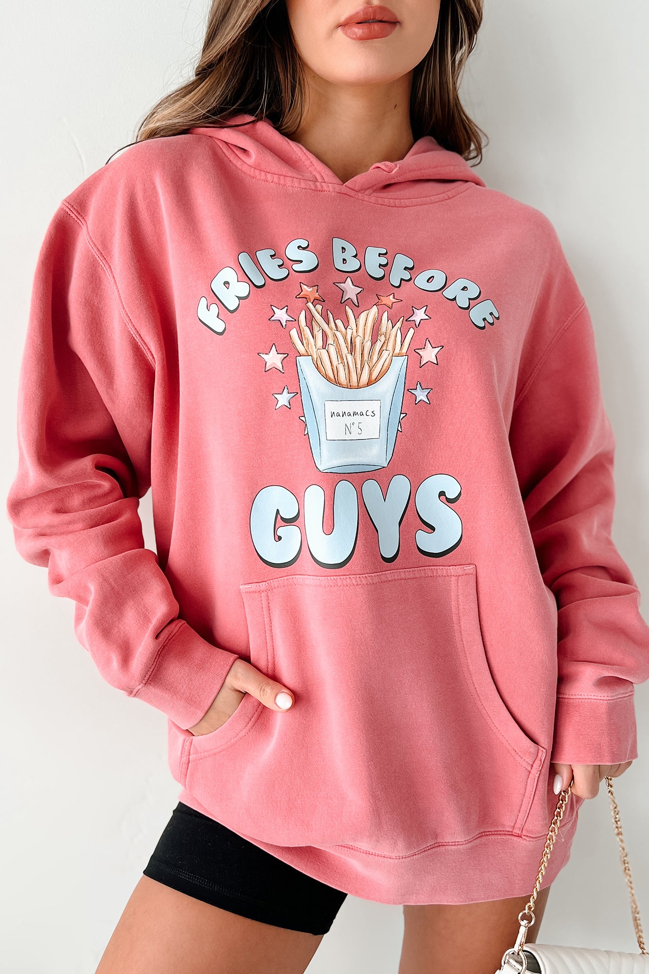 "Fries Before Guys" Vintage Wash Graphic Hoodie (Pink) - Print On Demand - NanaMacs