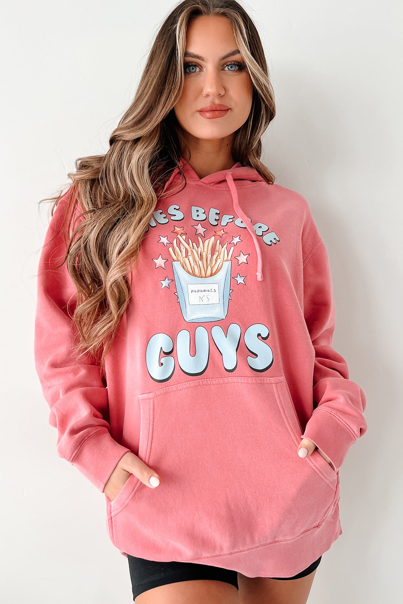 "Fries Before Guys" Vintage Wash Graphic Hoodie (Pink) - Print On Demand - NanaMacs