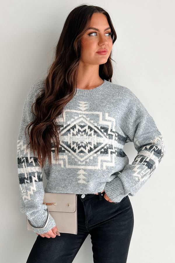 Seeking Solace Aztec Print Sweater (Heather Grey) - NanaMacs