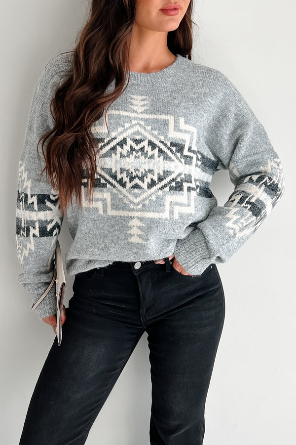 Seeking Solace Aztec Print Sweater (Heather Grey) - NanaMacs