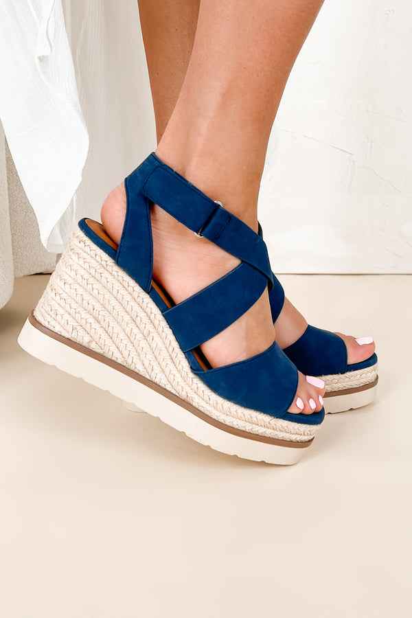 Choice Words Platform Wedge Heeled Sandals (Navy) - NanaMacs