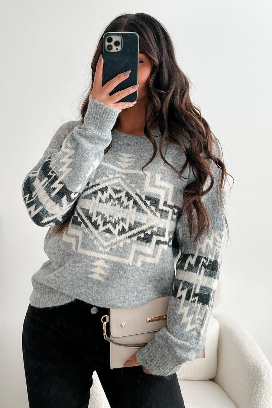 Seeking Solace Aztec Print Sweater (Heather Grey) - NanaMacs