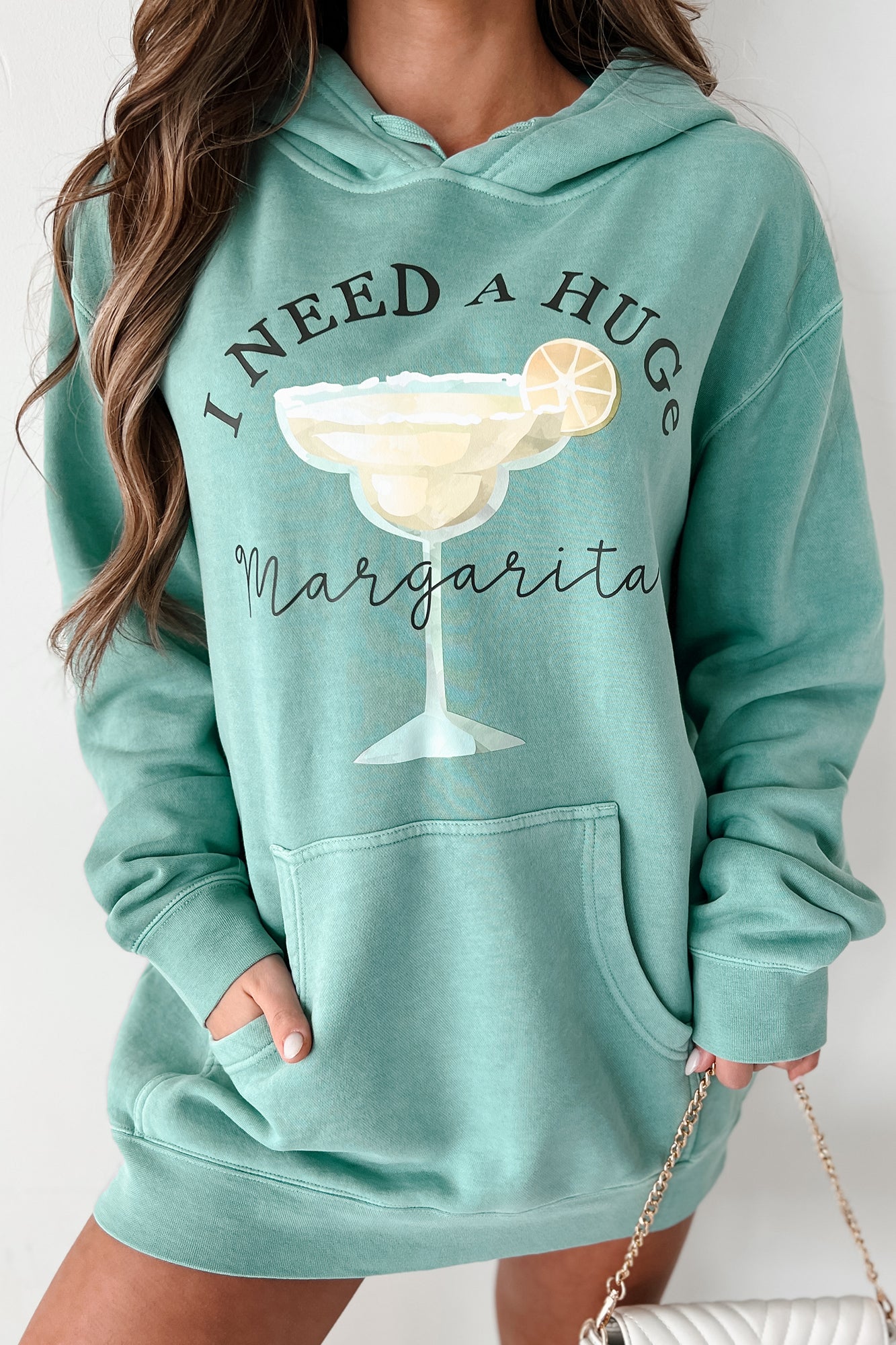 "I Need A Huge Margarita" Vintage Wash Graphic Hoodie (Mint) - Print On Demand - NanaMacs