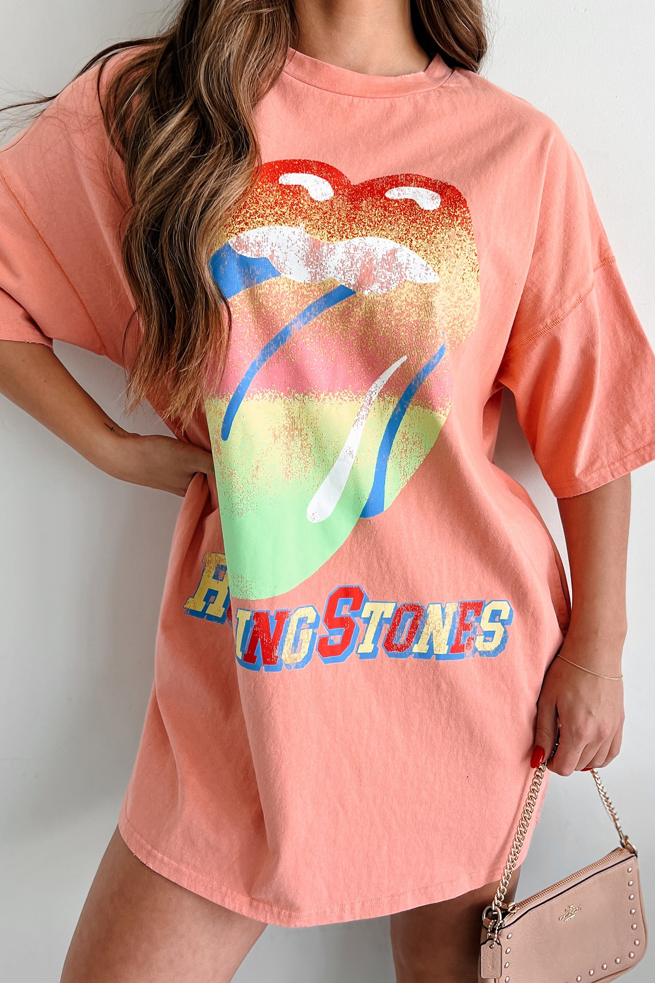 Trendy Effect Oversized Graphic T-Shirt Dress (Peach) - NanaMacs