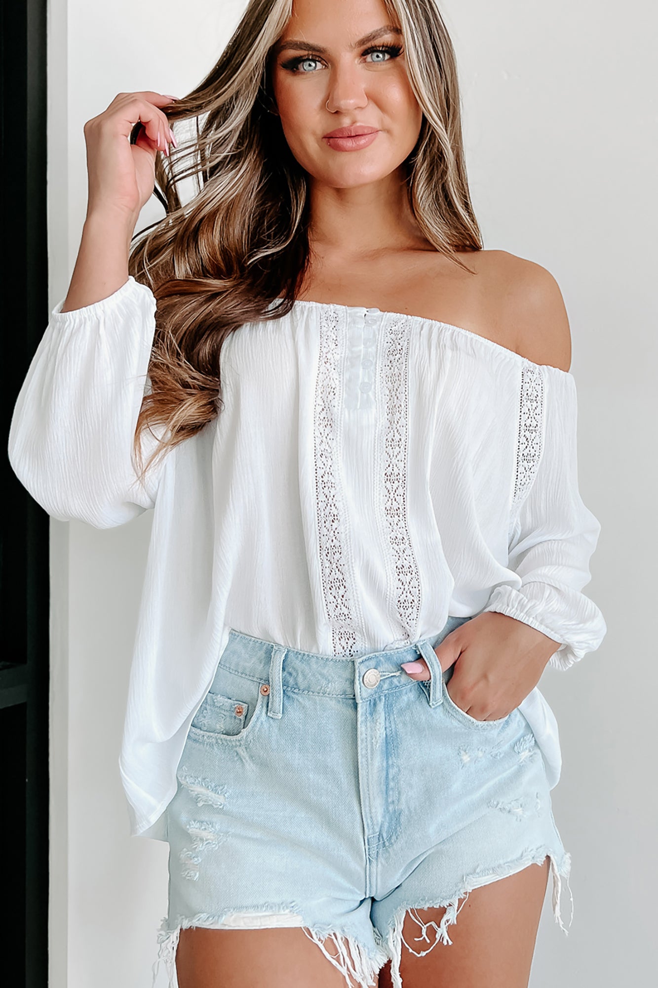 My Only Vice Lace Detail 3/4 Sleeve Blouse (White) - NanaMacs