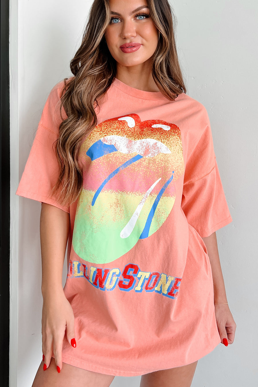 Trendy Effect Oversized Graphic T-Shirt Dress (Peach) - NanaMacs