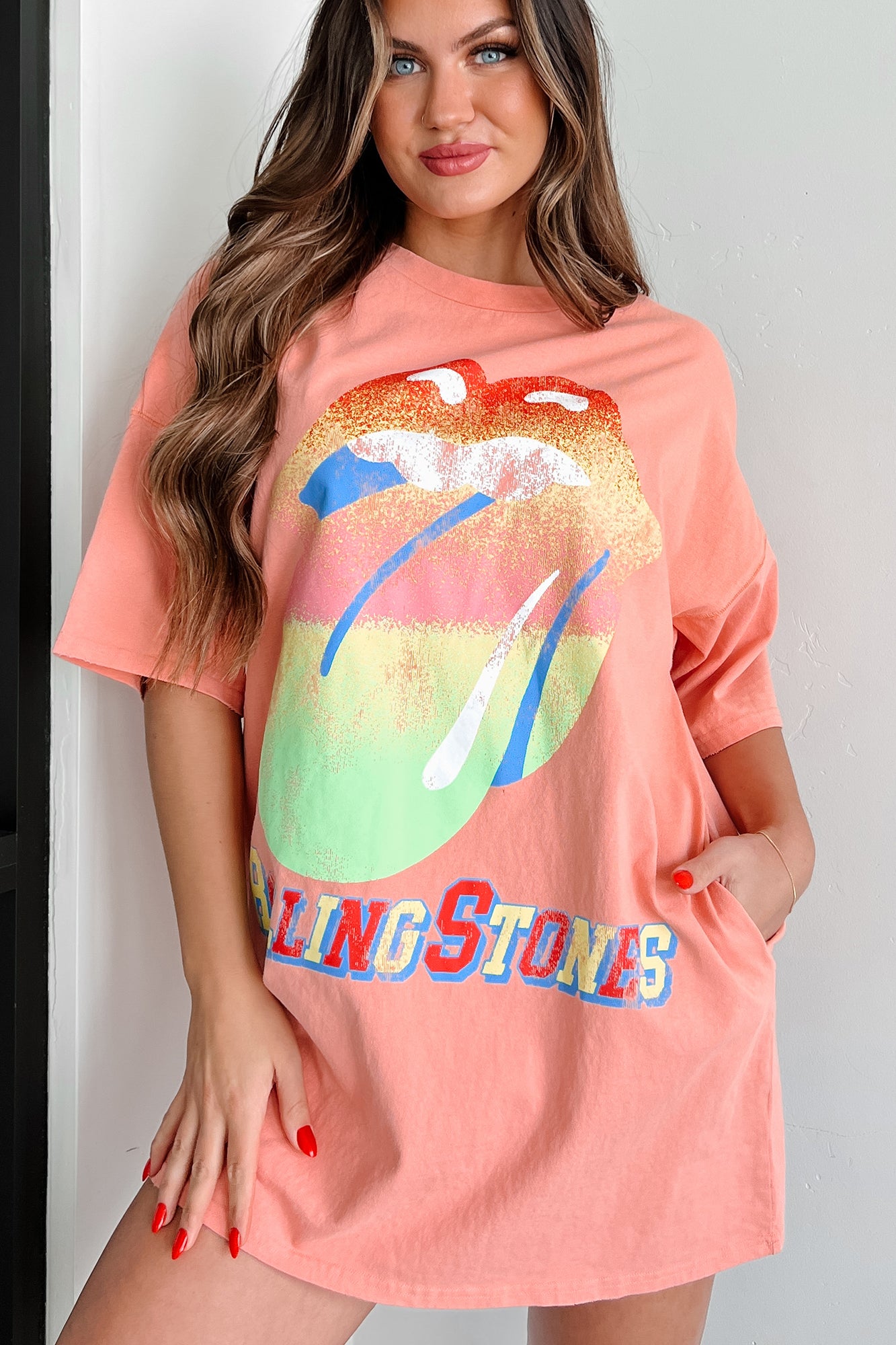 Trendy Effect Oversized Graphic T-Shirt Dress (Peach) - NanaMacs