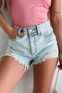 Bronte High Rise Distressed Denim Sneak Peek Shorts (Light) - NanaMacs