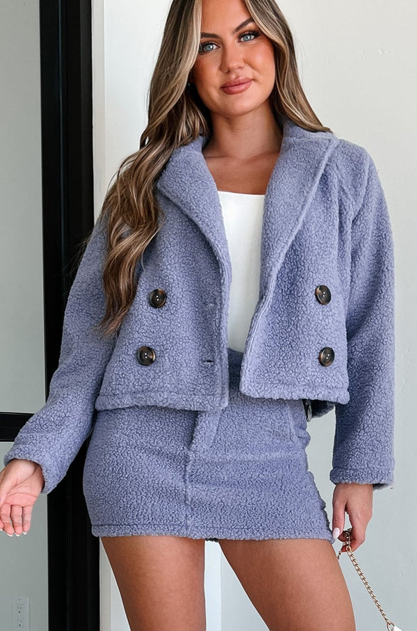 Cozy Glam Sherpa Jacket & Mini Skirt Two-Piece Set (Dark Lavender) - NanaMacs