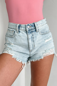 Bronte High Rise Distressed Denim Sneak Peek Shorts (Light) - NanaMacs