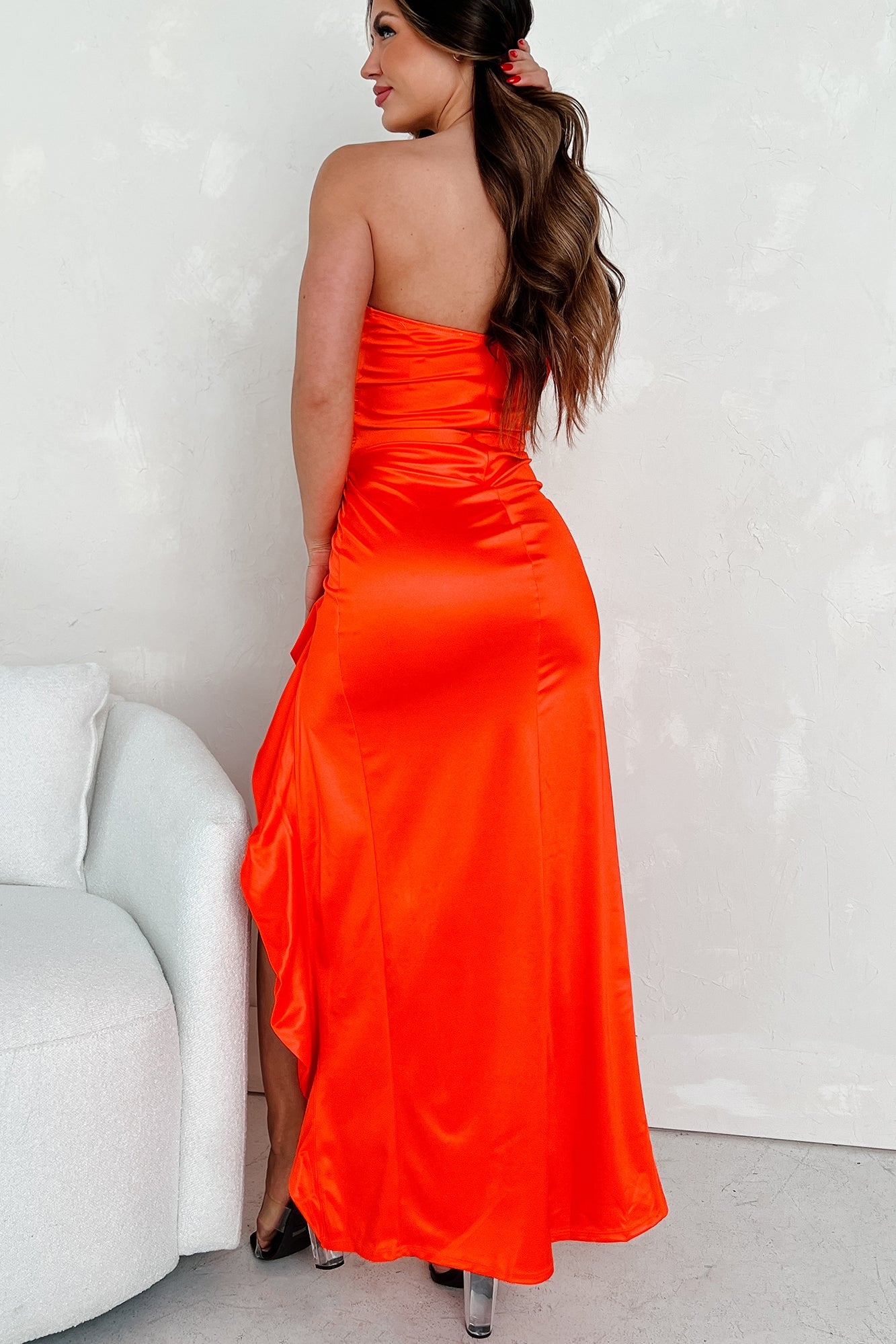 Finding My Fire High-Low Strapless Ruffle Dress (Red Orange) - NanaMacs