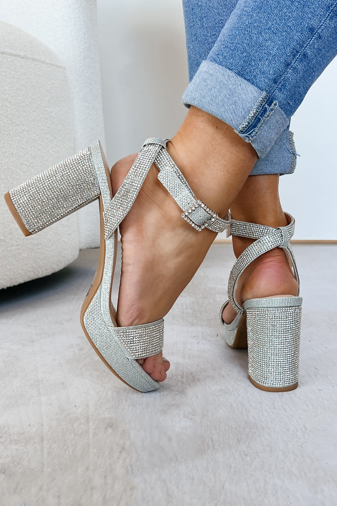 Puttin' On The Rizz Rhinestone Platform Block Heels (Silver) - NanaMacs