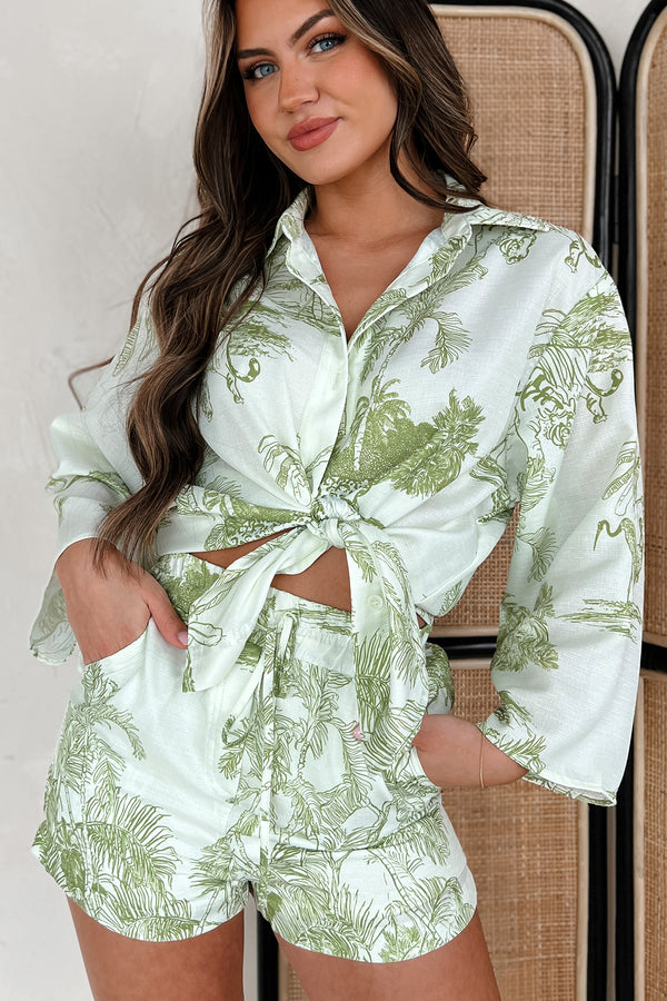 I'm Unavailable Tropical Print Two-Piece Set (Ivory/Light Green) - NanaMacs