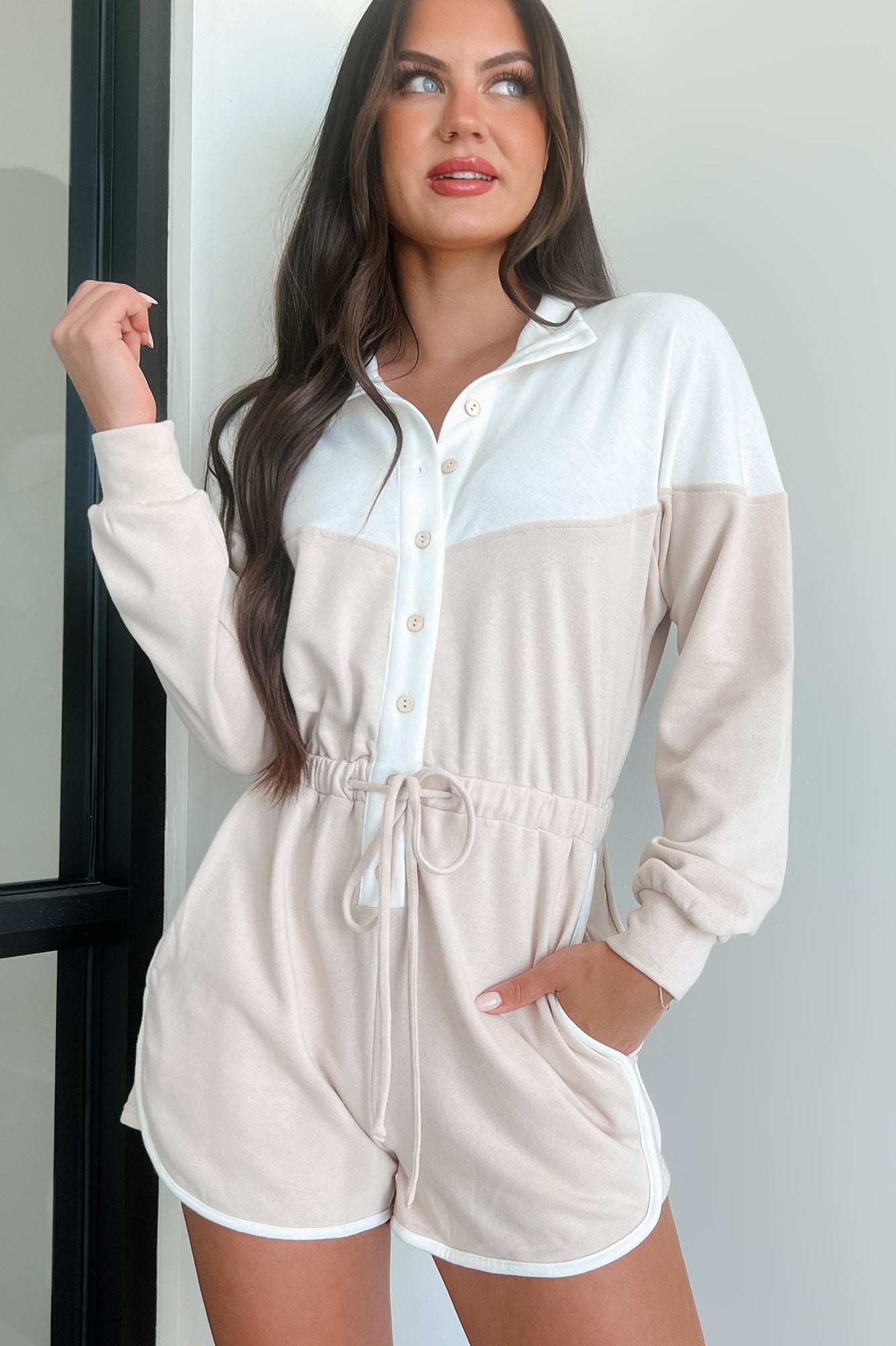 Ozzie Button-Front Long Sleeve Romper (White/Seashell) - NanaMacs