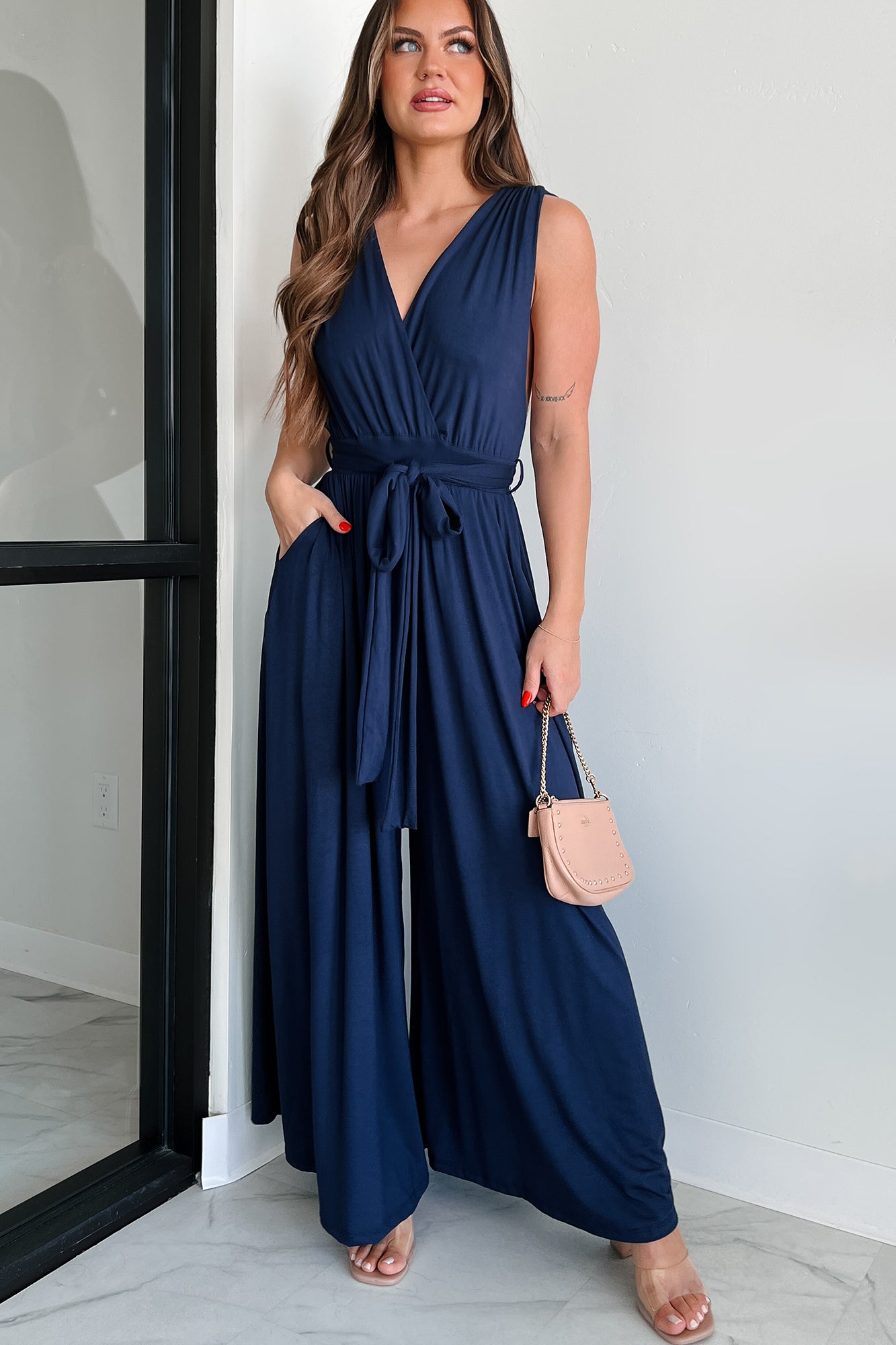 Meant To Be Modern Wrap-Tie Palazzo Jumpsuit (Dark Navy) - NanaMacs