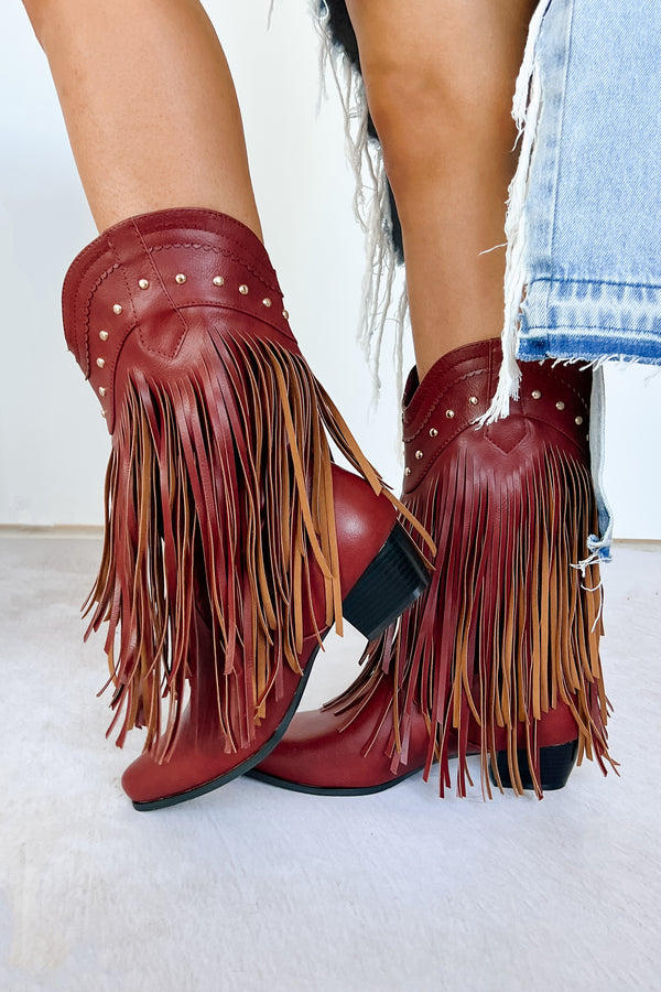 Shoot From The Hip Fringe Western Booties (Maroon) - NanaMacs