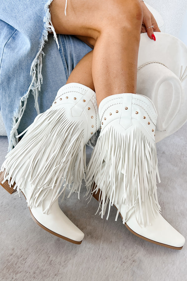 Shoot From The Hip Fringe Western Booties (White) - NanaMacs