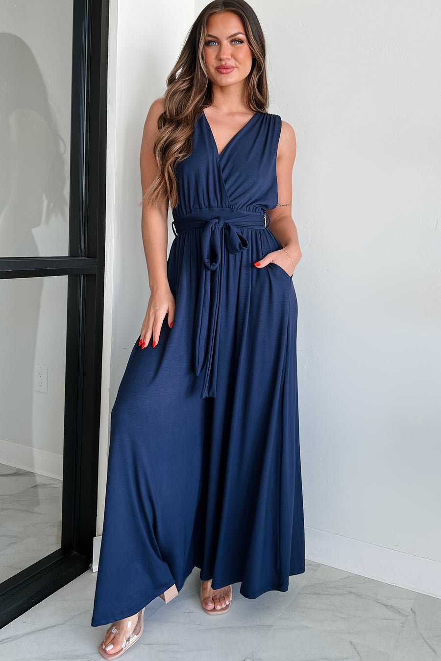 Meant To Be Modern Wrap-Tie Palazzo Jumpsuit (Dark Navy)