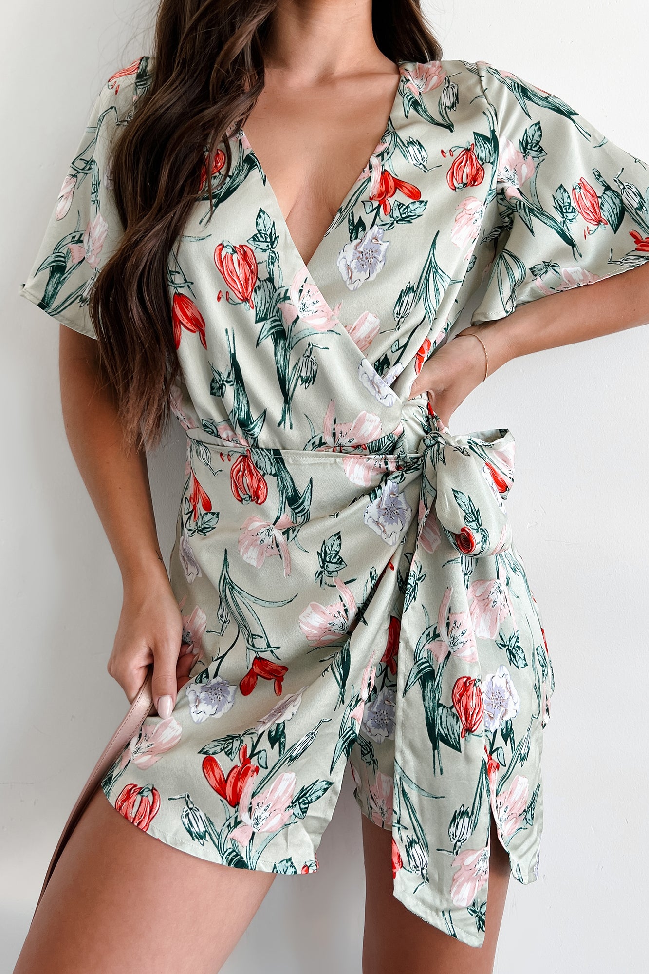 Discovering Paradise Satin Floral Romper (Sage Blue) - NanaMacs